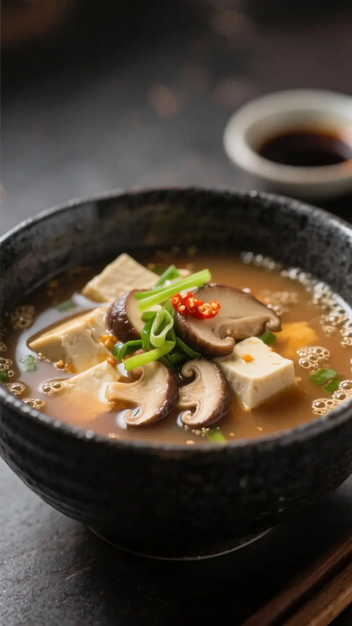 Final dish beauty shot (close-up detail): Rich aka/awase miso soup in a charcoal ceramic bowl, focus