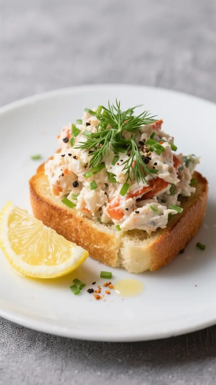 Final dish presentation: Restaurant-quality crab salad piled high on toasted, buttered brioche with