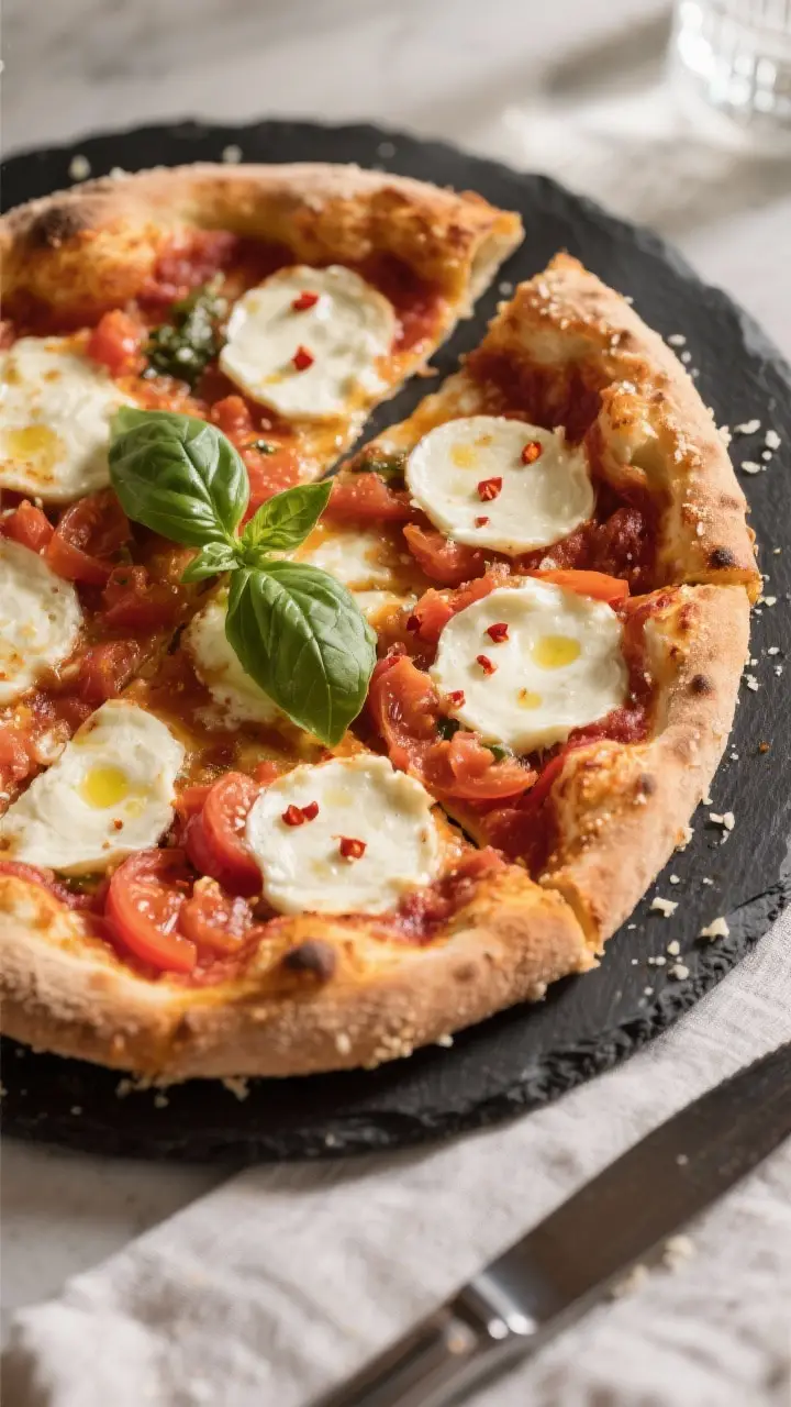 Final dish presentation: Restaurant-quality Margherita-lite cottage cheese crust pizza on a dark piz