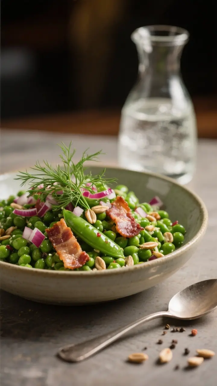 Final dish presentation: Restaurant-quality plated pea salad in a low ceramic bowl, styled for a mak