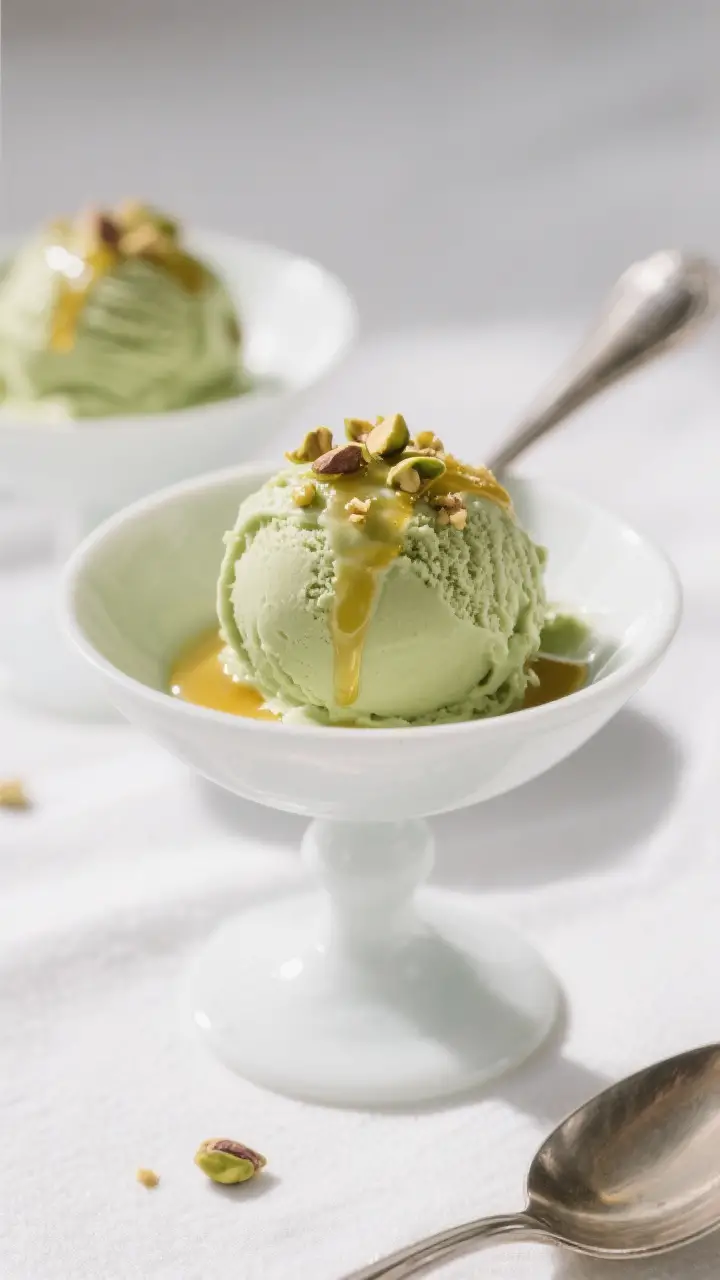 Final dish presentation: Restaurant-quality scoop of pistachio ice cream (pale pistachio-green) in a