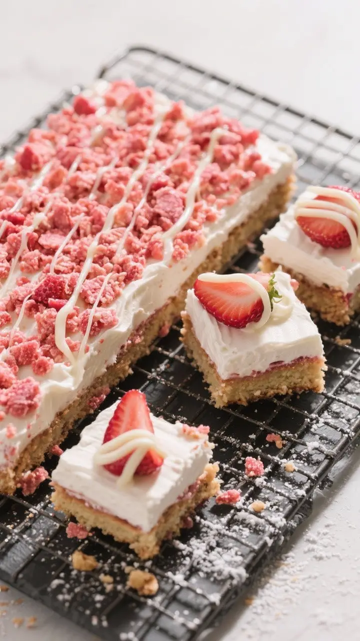 Final dish presentation: Restaurant-quality top-down hero shot of the fully assembled strawberry cru