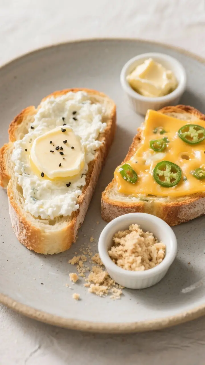 Final dish presentation: Slices of cottage cheese bread toasted to light golden edges, topped two wa