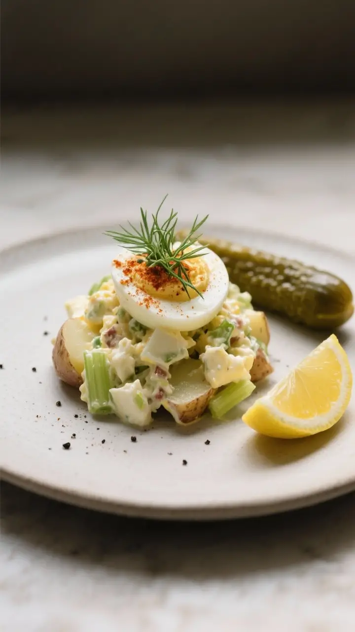 Final plated dish: Restaurant-quality presentation of a generous scoop of deviled egg potato salad o