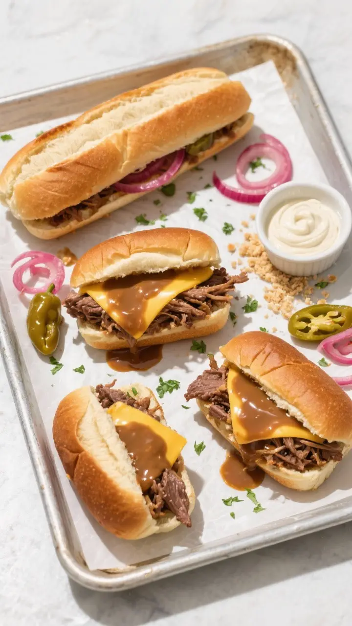 Overhead “slider night” presentation: toasted hoagie rolls and small slider buns filled with shr