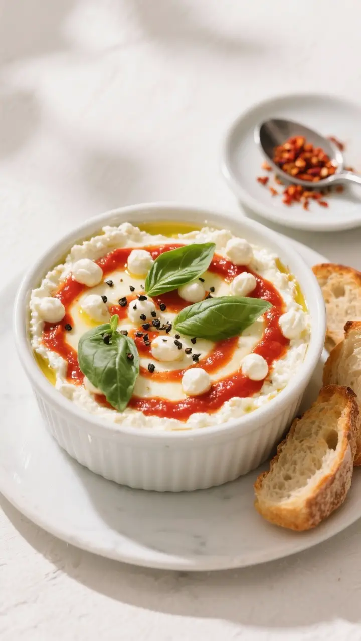 Overhead “tasty top” shot: Margherita-style cottage cheese pizza bowl in a white ramekin, top la