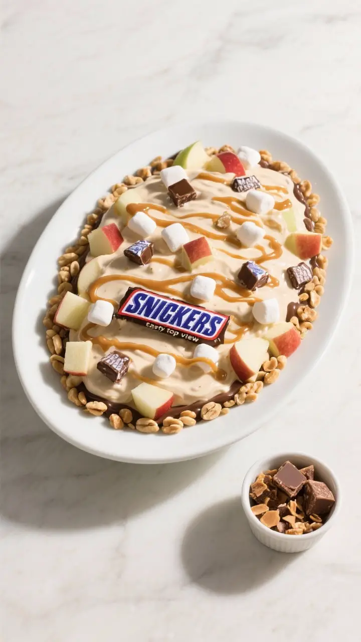 Overhead “tasty top view”: Snickers Salad just after chilling, served family-style in a wide whi