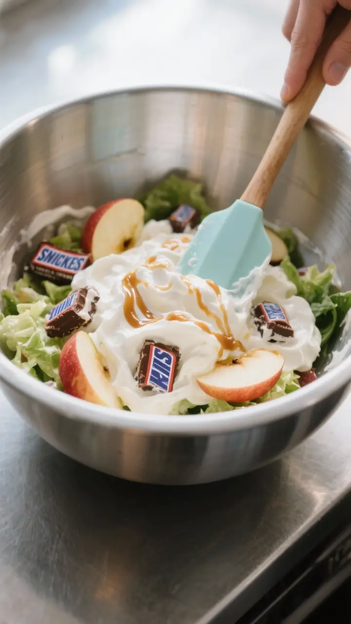 Process-in-action without people: The finished salad being gently folded in a chilled stainless-stee