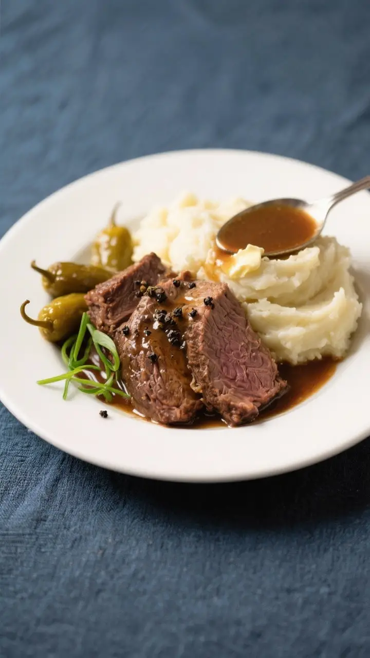 Restaurant-quality plated final dish: Mississippi pot roast mounded over buttery mashed potatoes wit