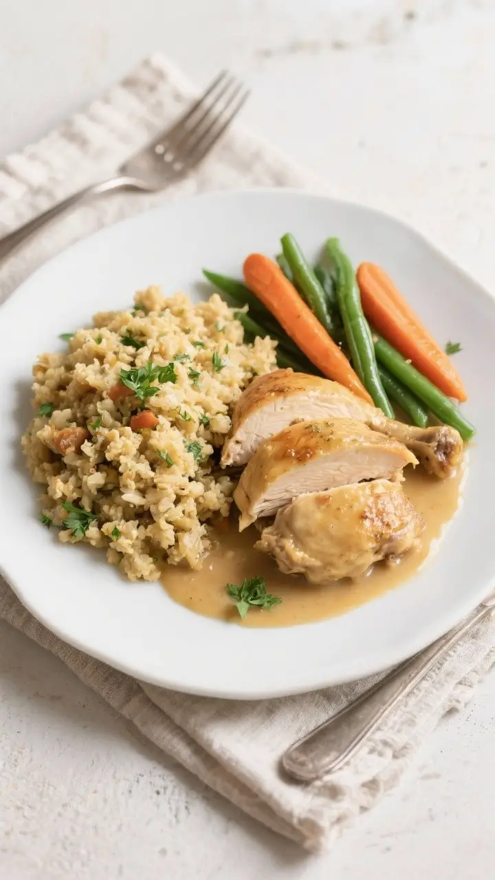 Tasty top view: Overhead shot of a plated serving of crockpot chicken and stuffing on a matte white
