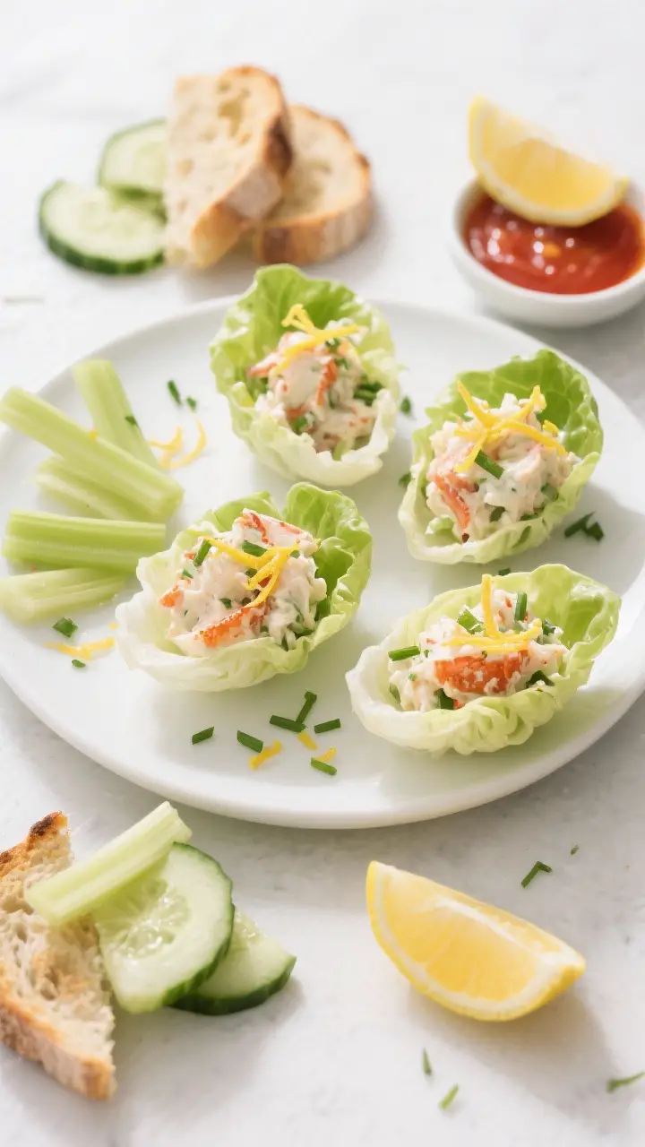 Tasty top view: Overhead shot of chic appetizer platter—butter lettuce cups neatly filled with cra