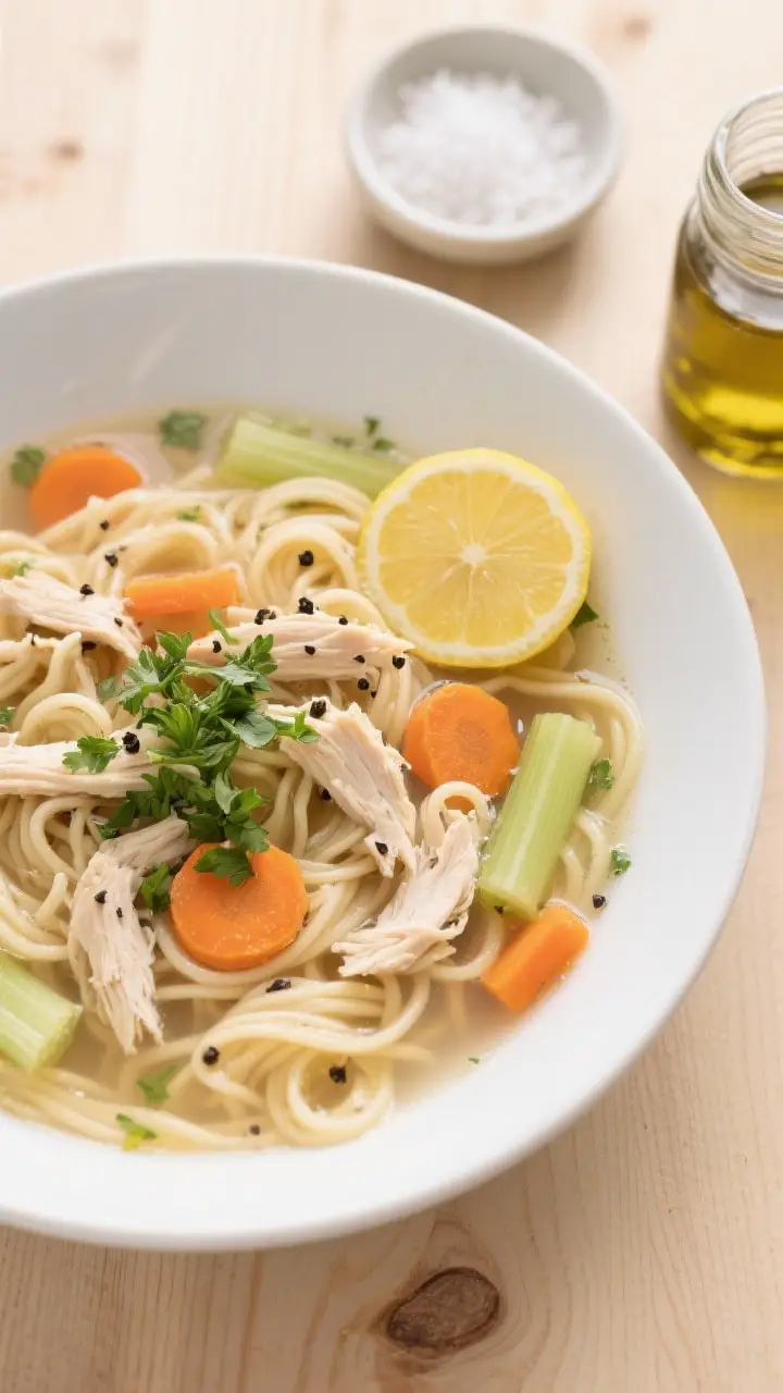 Tasty top view: Overhead shot of Crockpot Chicken Noodle Soup right after noodles are perfectly tend