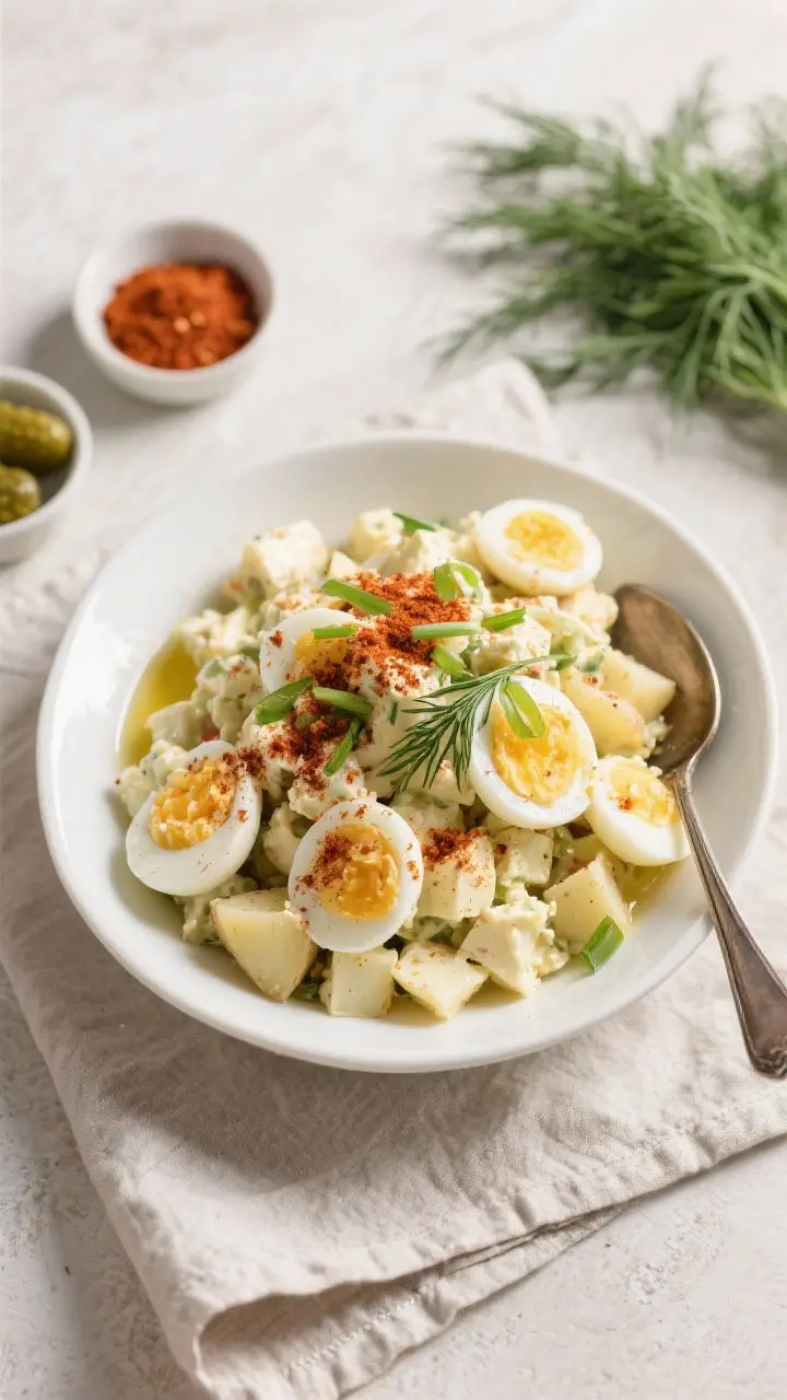Tasty top view: Overhead shot of deviled egg potato salad in a wide, low white serving bowl—dustin