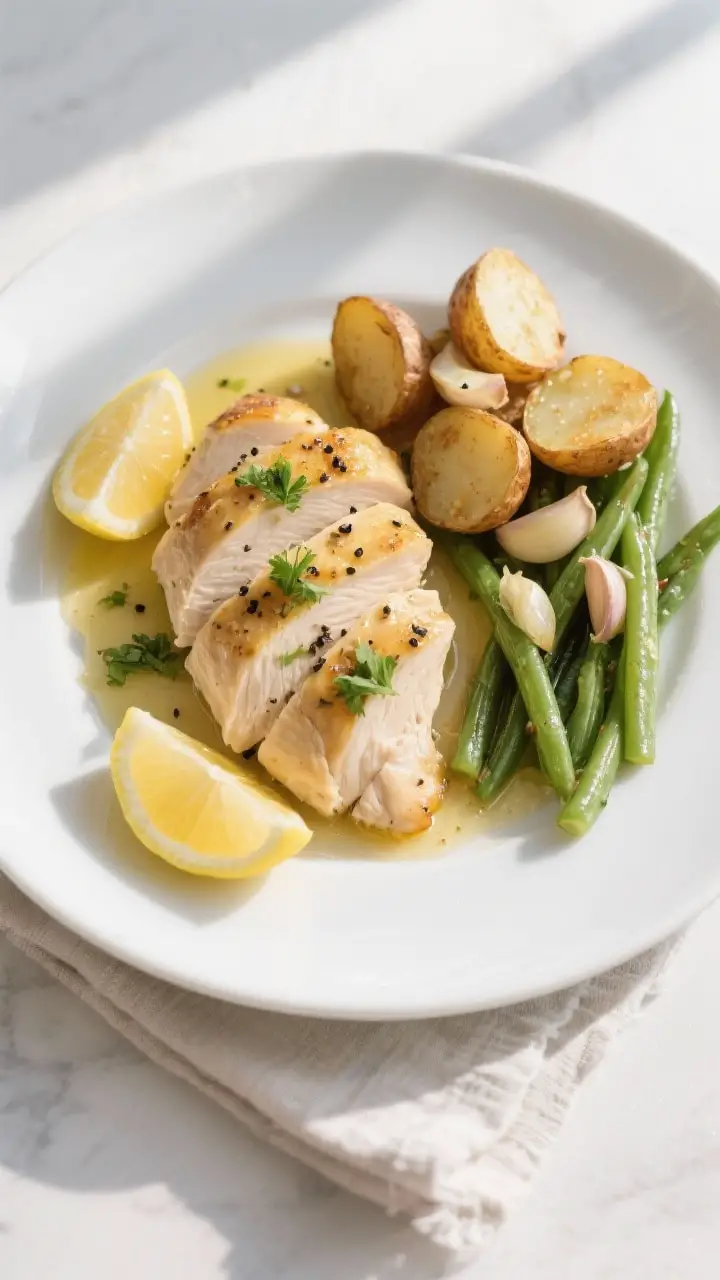 Tasty top view: Overhead shot of final plated chicken breast with lemon-garlic pan sauce pooling lig