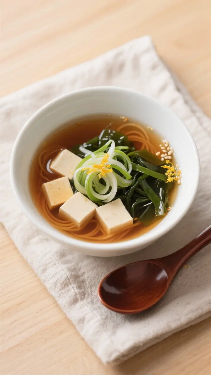 Tasty top view: Overhead shot of finished miso soup in a simple white bowl—translucent amber broth