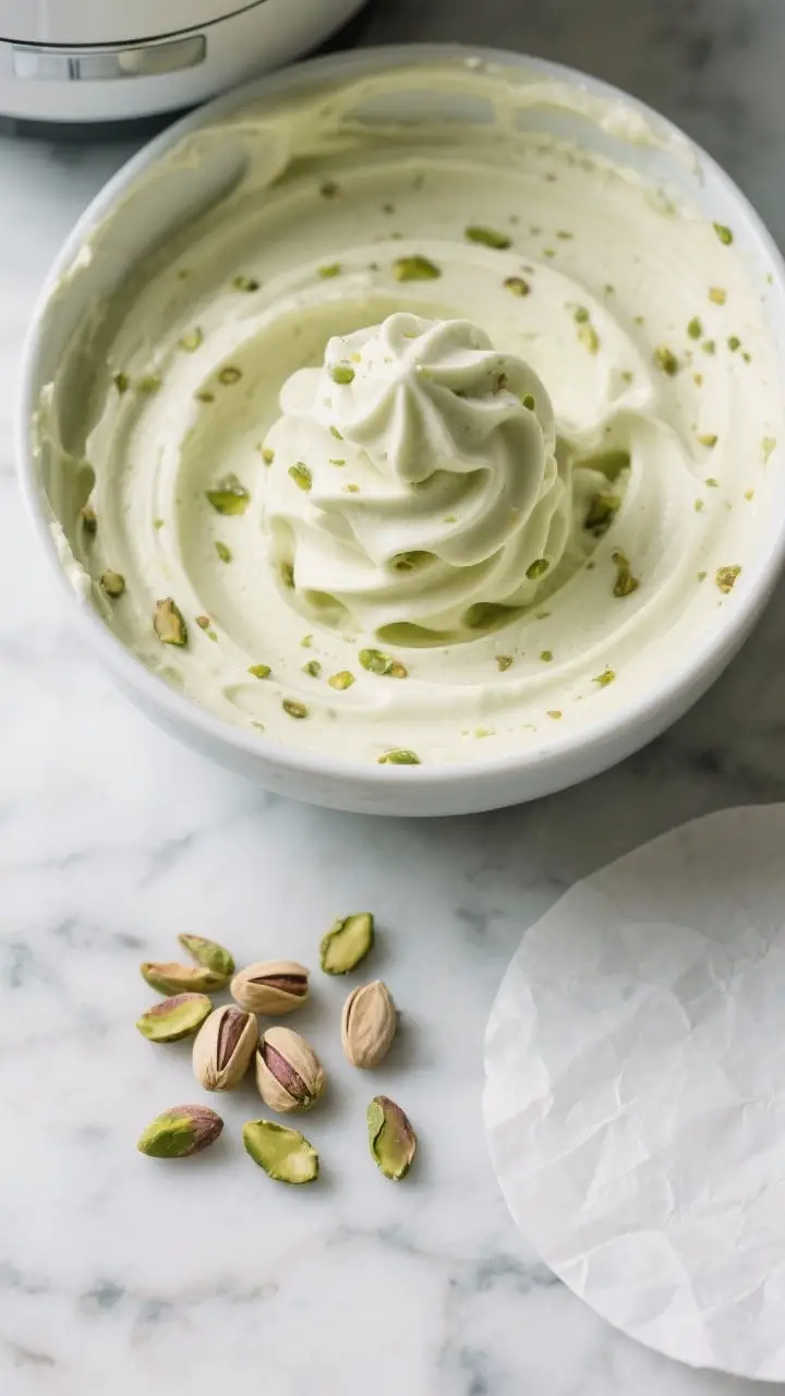 Tasty top view: Overhead shot of freshly churned pistachio ice cream at soft-serve stage in the ice