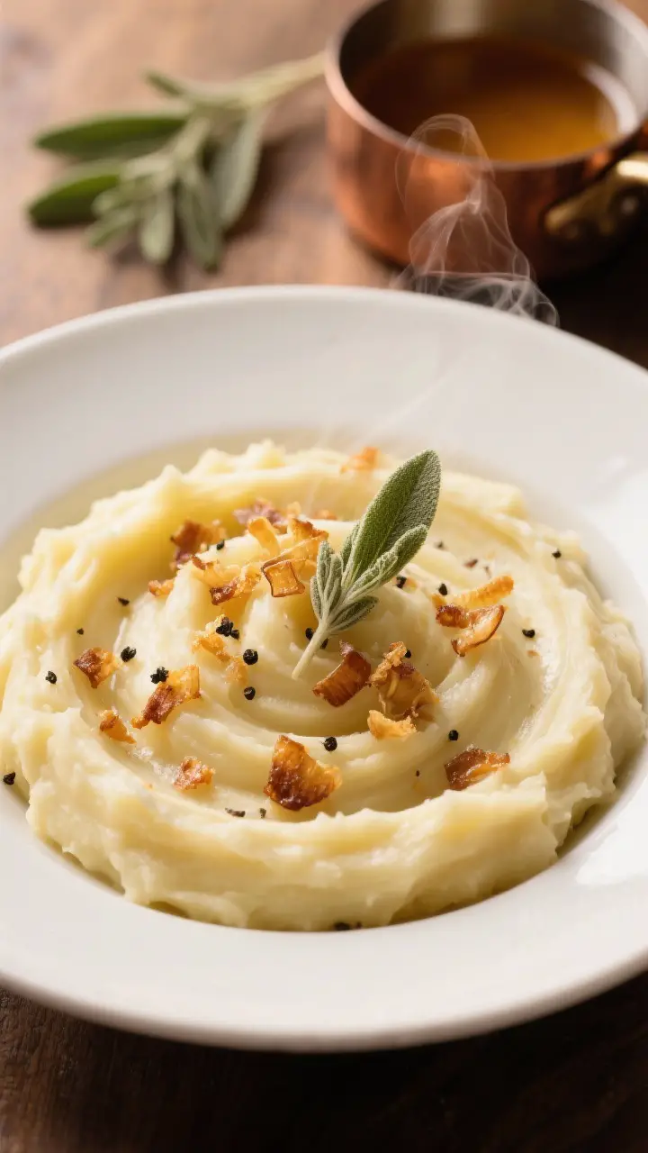 A 45-degree close-up of silky Yukon Gold mashed potatoes swirled in a wide, shallow white bowl, glistening with nutty brown butter and studded with crispy fried shallot confetti and crumbled sage leaves; steam rising, visible flecks of black pepper, a small copper saucepan of warm brown butter and a sprig of fresh sage in the background; warm, cozy lighting emphasizing creamy texture and golden, crunchy toppings.