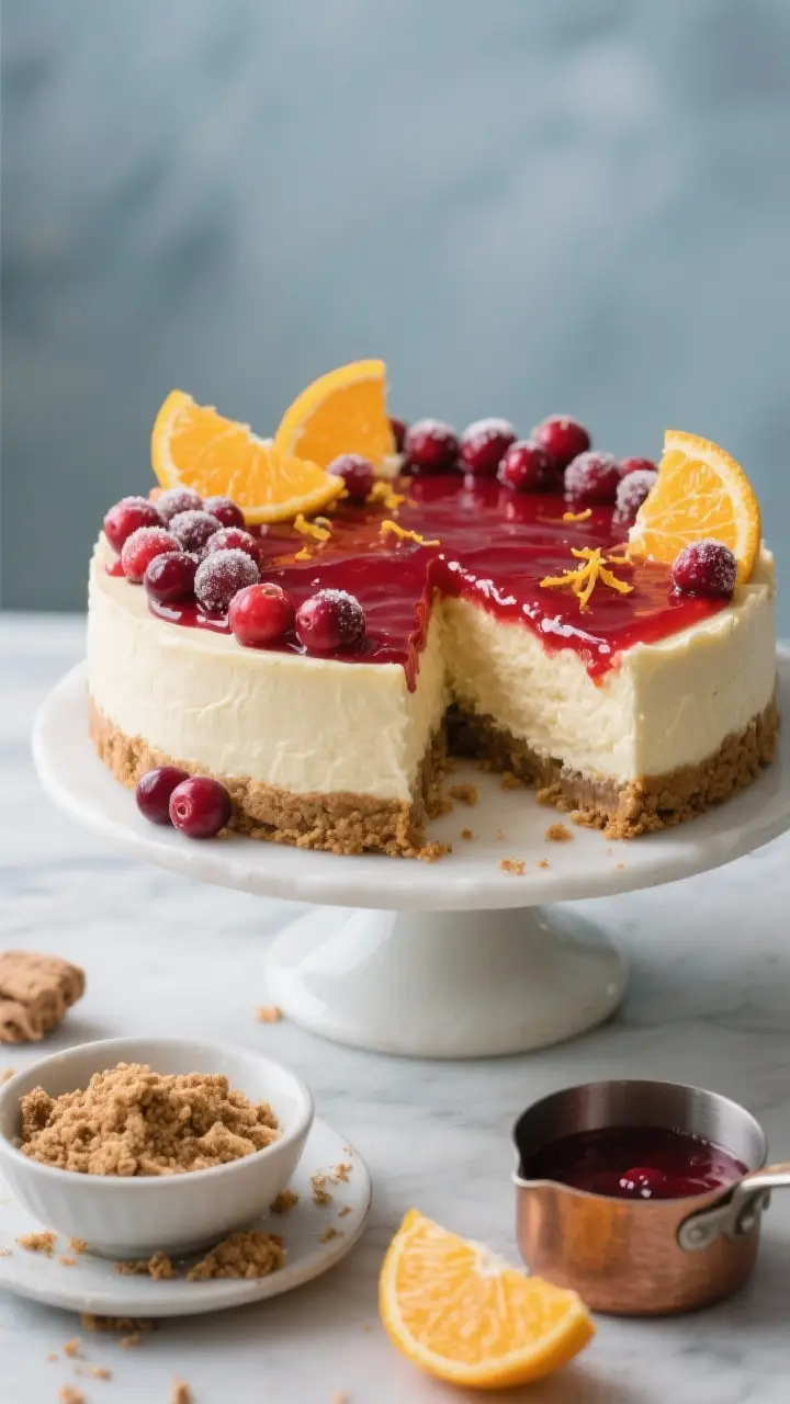 A 45-degree hero shot of a whole cranberry orange cheesecake on a cake stand: smooth, creamy surface with a glossy, jewel-red cranberry topping generously spooned over, a hint of orange zest glistening; gingersnap crust visible up the sides; garnishes of sugared cranberries and thin orange slices arranged artfully; a slice slightly pulled out to show the plush interior; props include a bowl of gingersnap crumbs, zested orange, and a small saucepan with cranberry sauce; cool-toned background with soft highlights, elegant and bakery-polished.