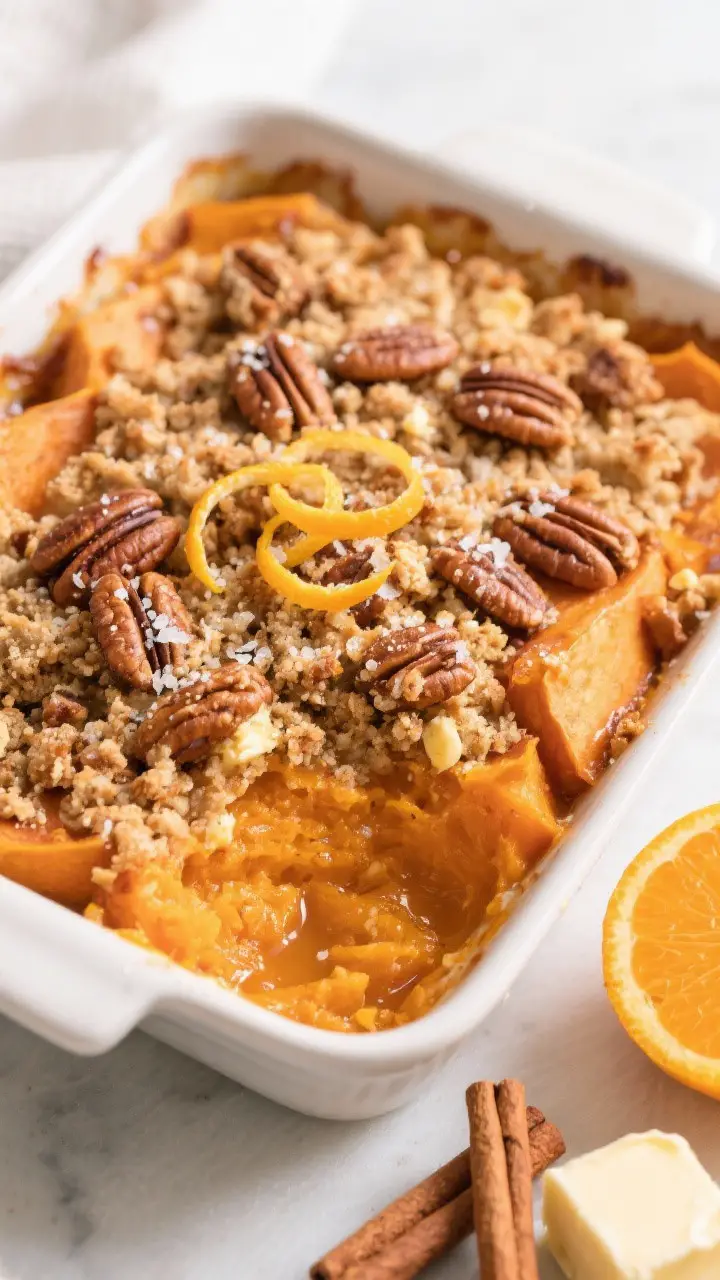A 45-degree hero shot of sweet potato casserole in a square ceramic baking dish, the surface crowned with a deeply toasted pecan streusel—craggy, buttery crumbs with cinnamon—edges gently bubbling; an orange zest curl and a pinch of flaky salt sprinkled over; nearby ingredients styled: halved orange, cinnamon stick, and a pat of butter; clean, bright lighting to emphasize vivid orange filling and crunchy topping.