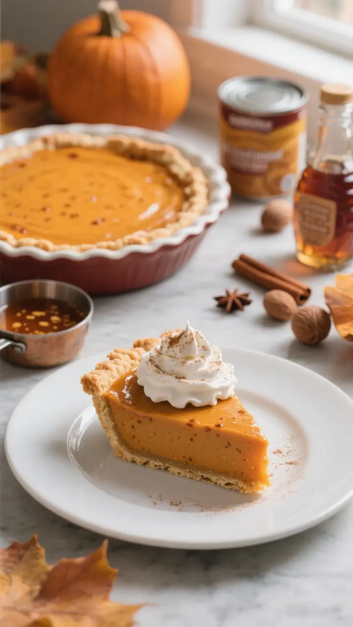 A 45-degree plated shot of a slice of brown butter pumpkin pie on a matte white plate, silky orange custard with tiny brown butter specks and gently set center, flaky 9-inch crust, topped with a generous cloud of maple whipped cream and a light dusting of cinnamon; whole pie in the background in a pie dish, a small saucepan of browned butter with nutty brown specks, cans of pumpkin purée, whole spices (cinnamon sticks, cloves, nutmeg), and a bottle of pure maple syrup styled nearby; warm autumn tones, soft window light, crisp shadows, bakery-level finish, no people.