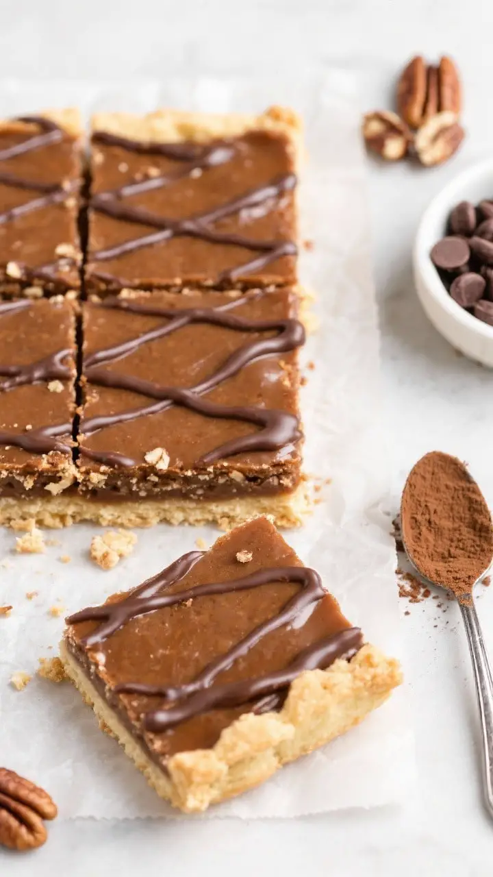 A close-up, straight-on shot of pecan pie bars cut into tidy squares on parchment with overhang, showcasing a buttery shortbread crust layer and glossy pecan filling; fine espresso-chocolate drizzle zigzagged on top with subtle sheen; crumbs scattered naturally, a small dish of chopped pecans and a spoon of espresso powder and chocolate chips off to the side; clean lines, shallow depth of field focusing on the bar’s layers, bright neutral background, professional pastry vibe.