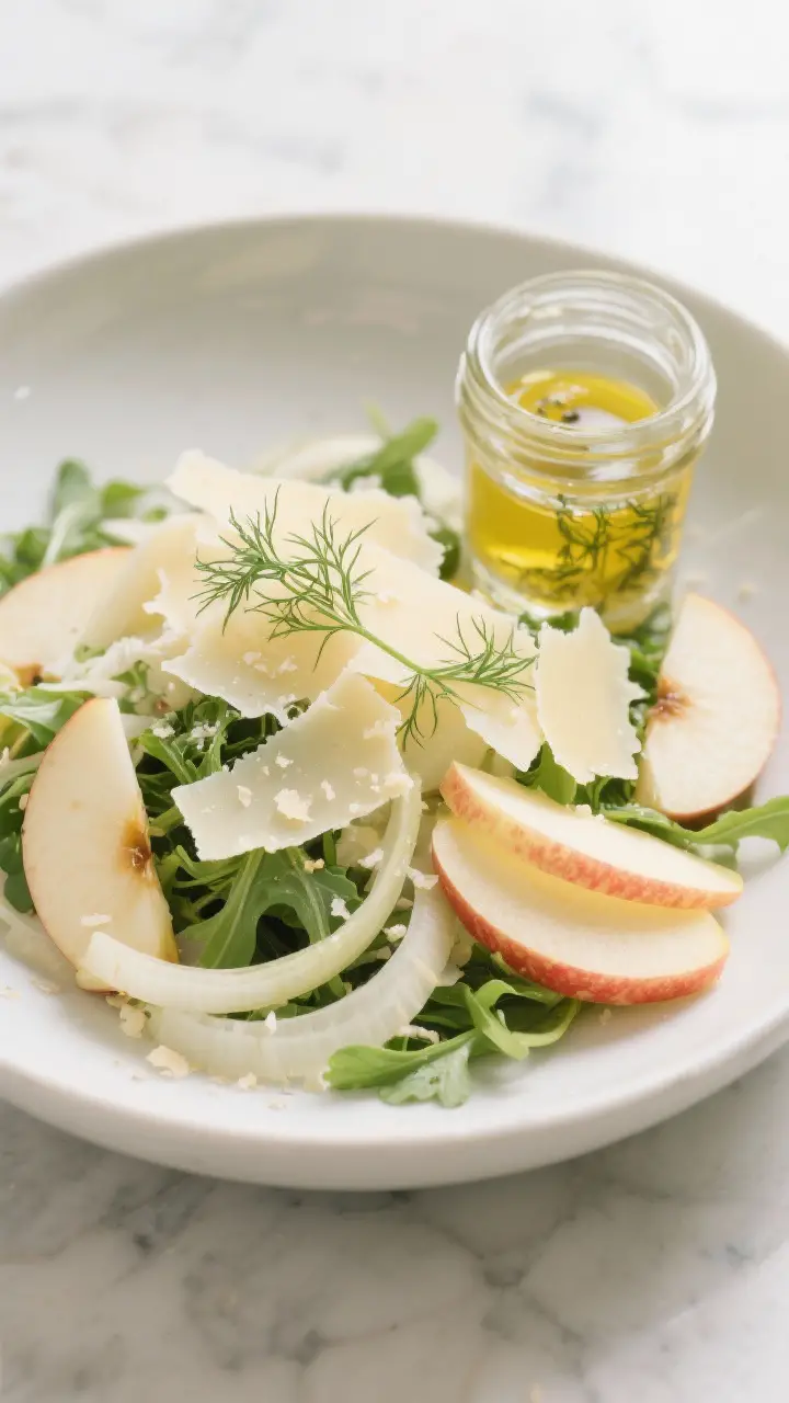 A minimalist, straight-on salad bowl shot: shaved fennel and thinly sliced Honeycrisp apples tossed with baby arugula, topped with wide shavings of Parmesan and chopped fennel fronds; a small glass jar of lemon-herb dressing (olive oil, lemon juice, Dijon, honey, dill) beading on the outside; ultra-crisp textures with whisper-thin slices visible; bright, natural light on a pale marble surface for a fresh, crunchy vibe.