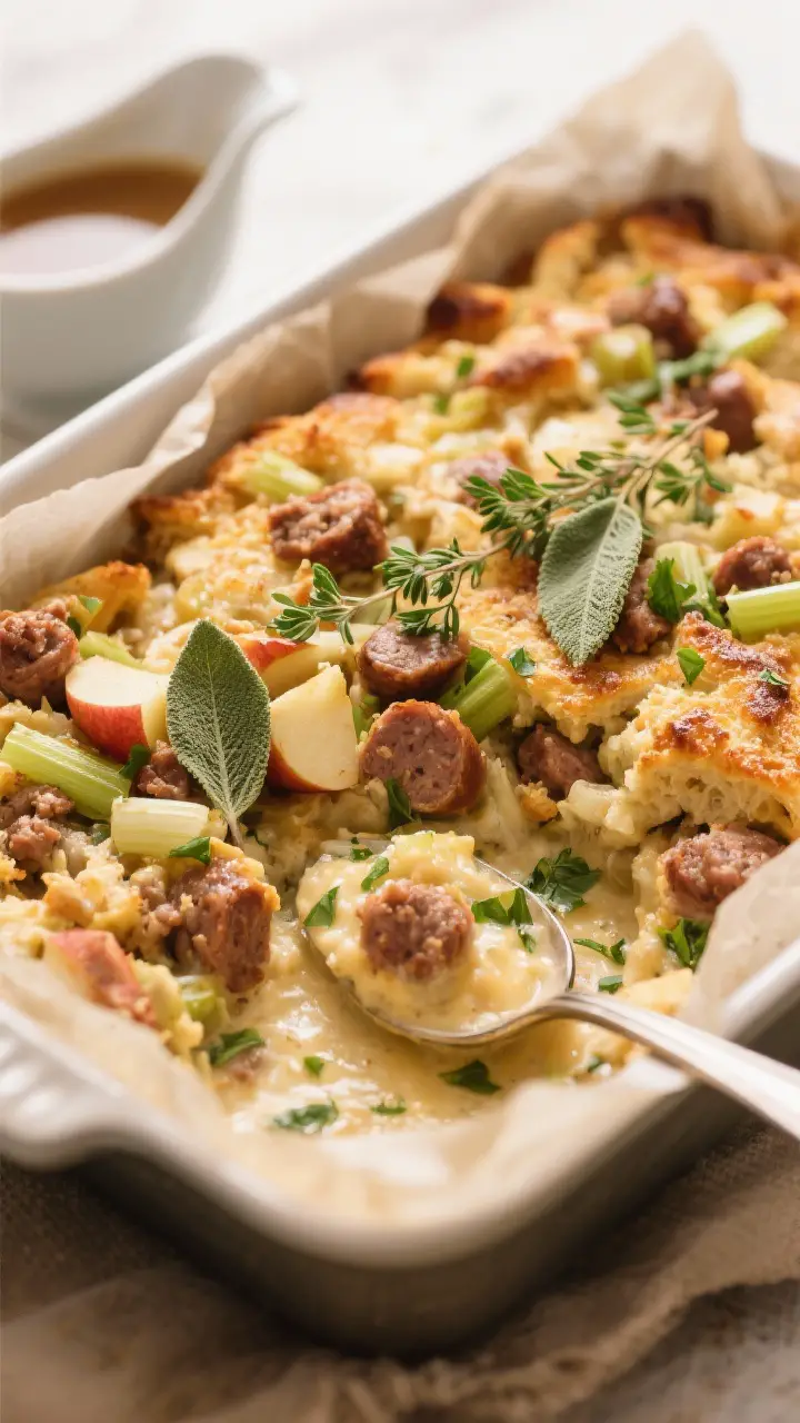 A straight-on plated presentation of herby sourdough sausage stuffing in a parchment-lined 9x13 baking dish, golden and crisp on top with visible browned Italian sausage crumbles, celery, leeks, and apple pieces; fresh chopped sage, parsley, and thyme sprinkled across; a spoon revealing the custardy interior; warm, homey light and a small gravy boat blurred in the background.