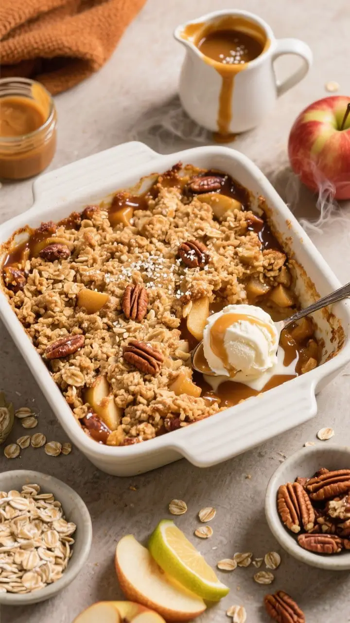 An overhead flat lay of a warm salted caramel apple crumble straight from the oven in a 9-inch square baking dish: deeply golden oat-pecan topping with craggy texture and visible pecan pieces, bubbling caramel around the edges, a spoonful removed to reveal tender cinnamon-nutmeg apples; a small pitcher mid-drizzle of salted caramel, a scoop of melting vanilla ice cream pooling into the crumble; nearby ingredients styled in small bowls—old-fashioned oats, chopped pecans, lemon half, jarred caramel sauce, and apple slices (Granny Smith and Honeycrisp); cozy fall palette, steam visible, high-contrast crisp detail.