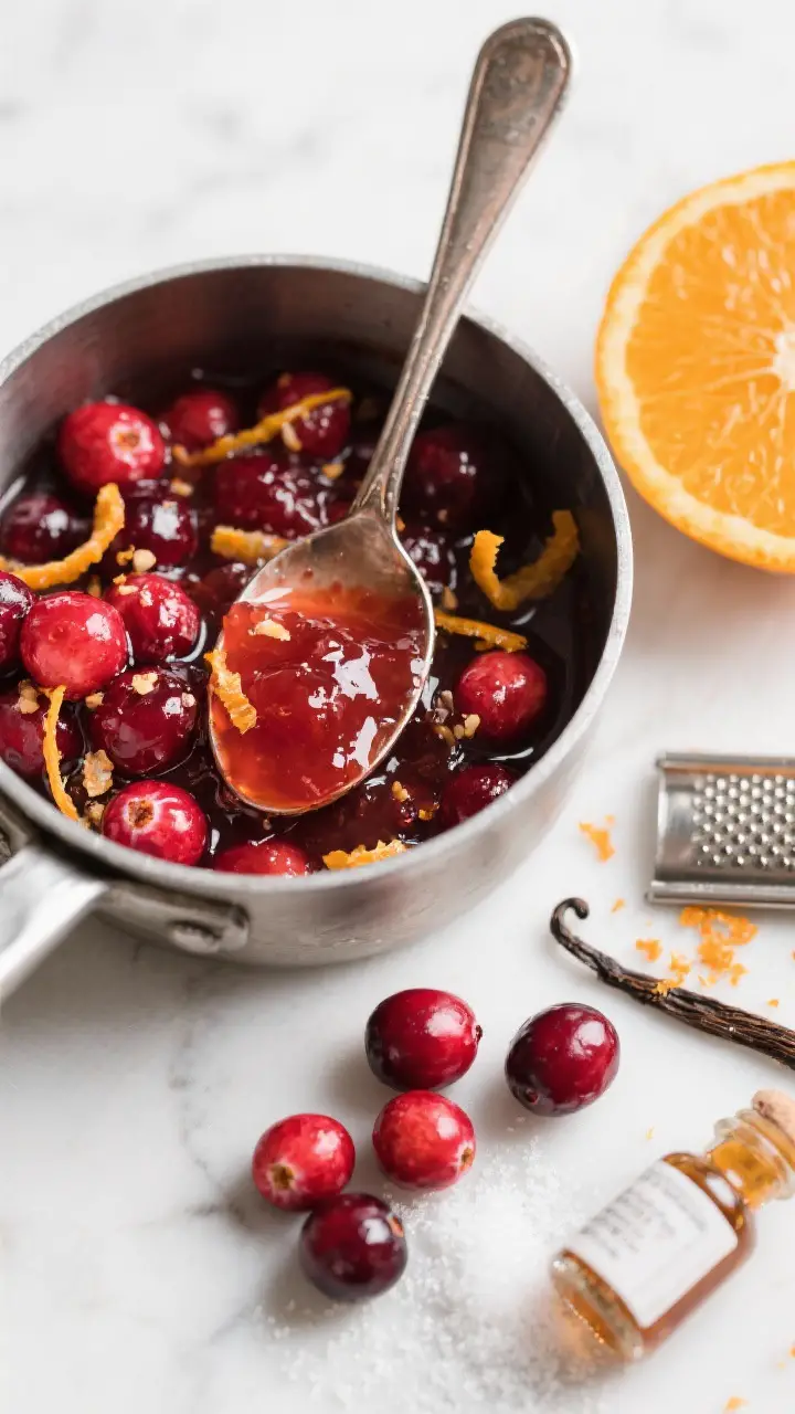 An overhead ingredient-to-finish composition: a small saucepan of glossy cranberry-orange relish cooling, cranberries just burst and ruby red, with visible orange zest threads and tiny ginger flecks; a spoon trail showing jammy thickness; on the side, fresh cranberries, a halved orange, a microplane with zest, vanilla extract bottle, and a pinch of sugar scattered; cool, crisp light for vibrant color pop.