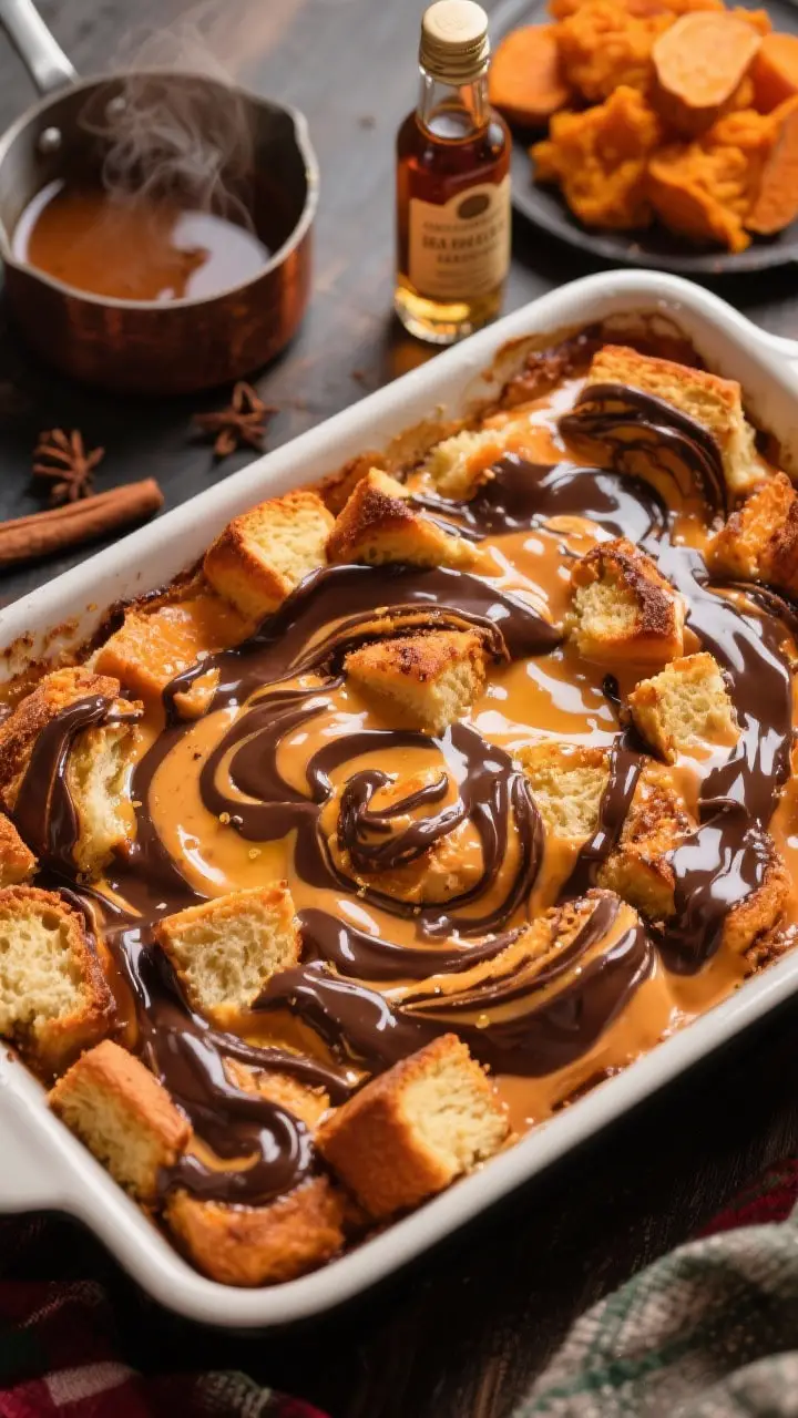 An overhead process shot of sweet potato chocolate swirl bread pudding in a 9x13-inch baking dish: plush, custardy brioche cubes soaked in orange-hued sweet potato custard, dramatic melted chocolate swirls marbled across the top, lightly glossed with melted butter; a warm pool of bourbon sauce in a small saucepan nearby with visible steam; styled with ingredients—roasted sweet potato mash, brioche cubes, cinnamon and nutmeg, heavy cream, and a small bottle of bourbon; rich, cozy lighting, inviting texture emphasis, holiday-comfort mood.