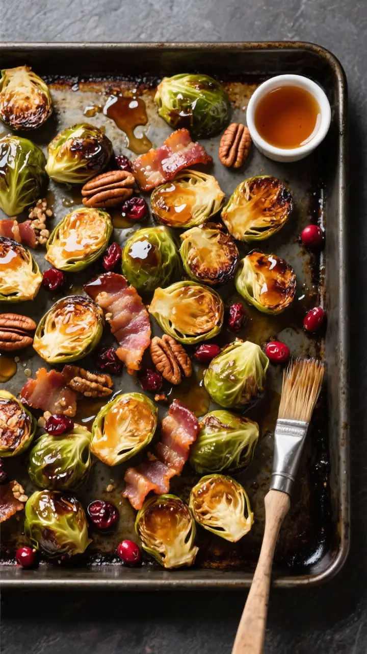 An overhead sheet-pan scene of maple-roasted Brussels sprouts, halved and deeply caramelized, scattered with crisp thick-cut bacon pieces and toasted pecan halves; glossy hot honey–maple glaze pooling in spots, a few dried cranberries for ruby pops of color; a small ramekin of hot honey and a brush to the side; shot on a dark metal pan to highlight charred edges and sticky sheen.