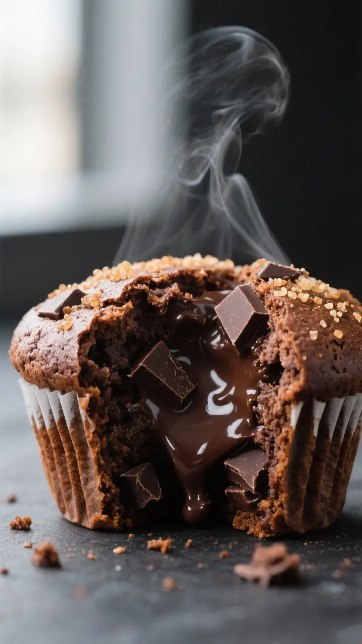 Close-up detail: A freshly baked double chocolate muffin split open to reveal a fudgy center with mo