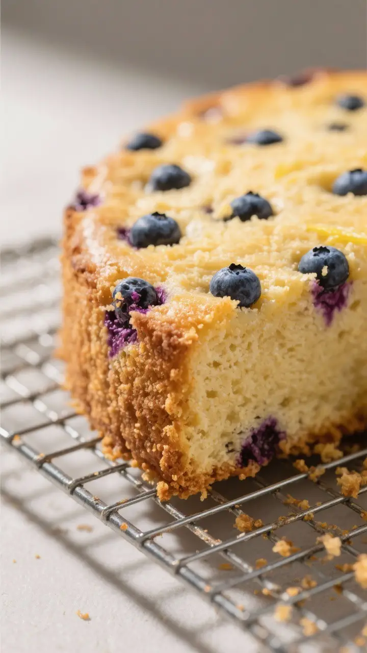 Close-up detail: A just-baked lemon blueberry cake layer cooling on a wire rack, golden crumb with e