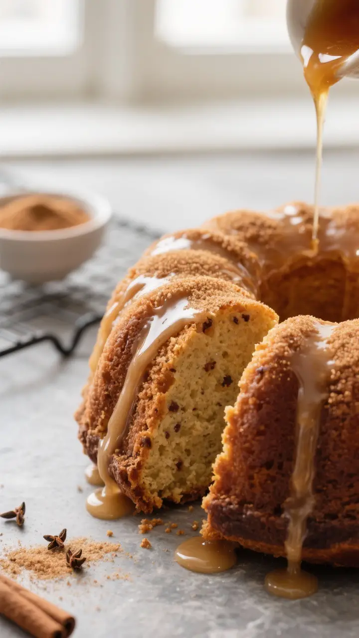 Close-up detail: A just-glazed apple cider bundt cake, captured moments after pouring the thick, glo