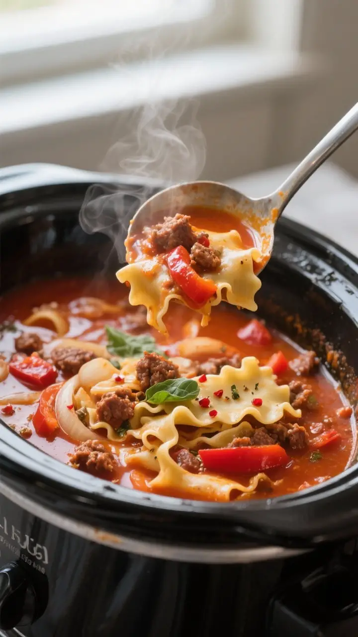 Close-up detail: A ladle lifting rich lasagna soup from a crockpot right after the slow cook, showin