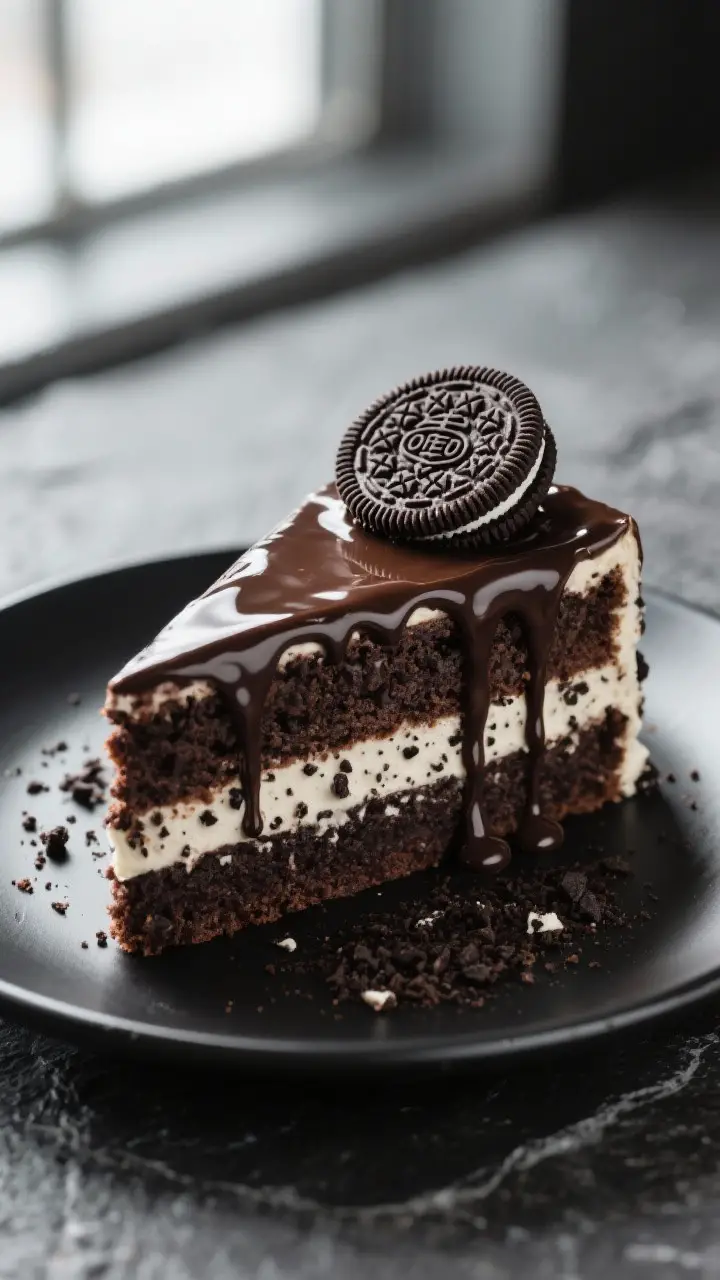 Close-up detail: A slice of Oreo chocolate layer cake with cookies-and-cream frosting and glossy cho