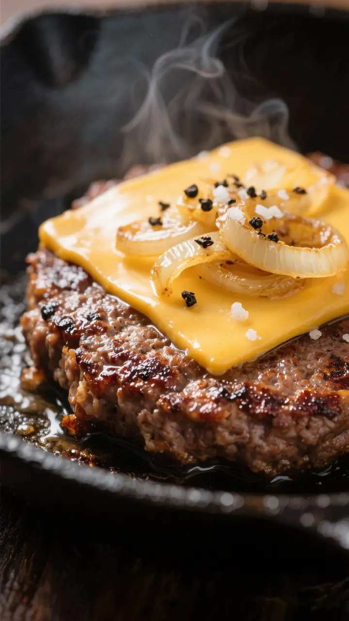 Close-up detail: A smash burger patty mid-cook on a ripping-hot cast-iron skillet, showing deeply br