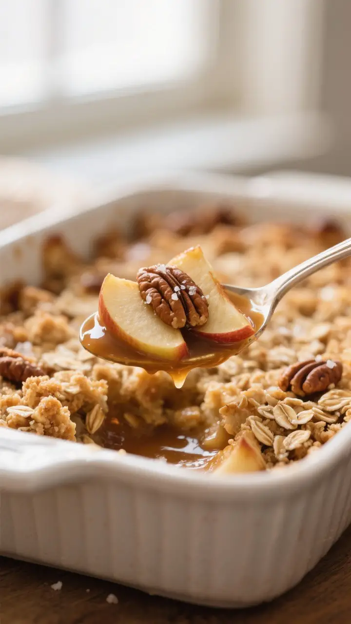 Close-up detail: A spoonful of bubbling apple crisp just out of the oven, showing glossy, thick cinn