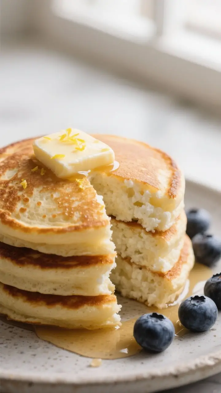 Close-up detail: A stack of fluffy cottage cheese pancakes just off the griddle, showcasing tall ris