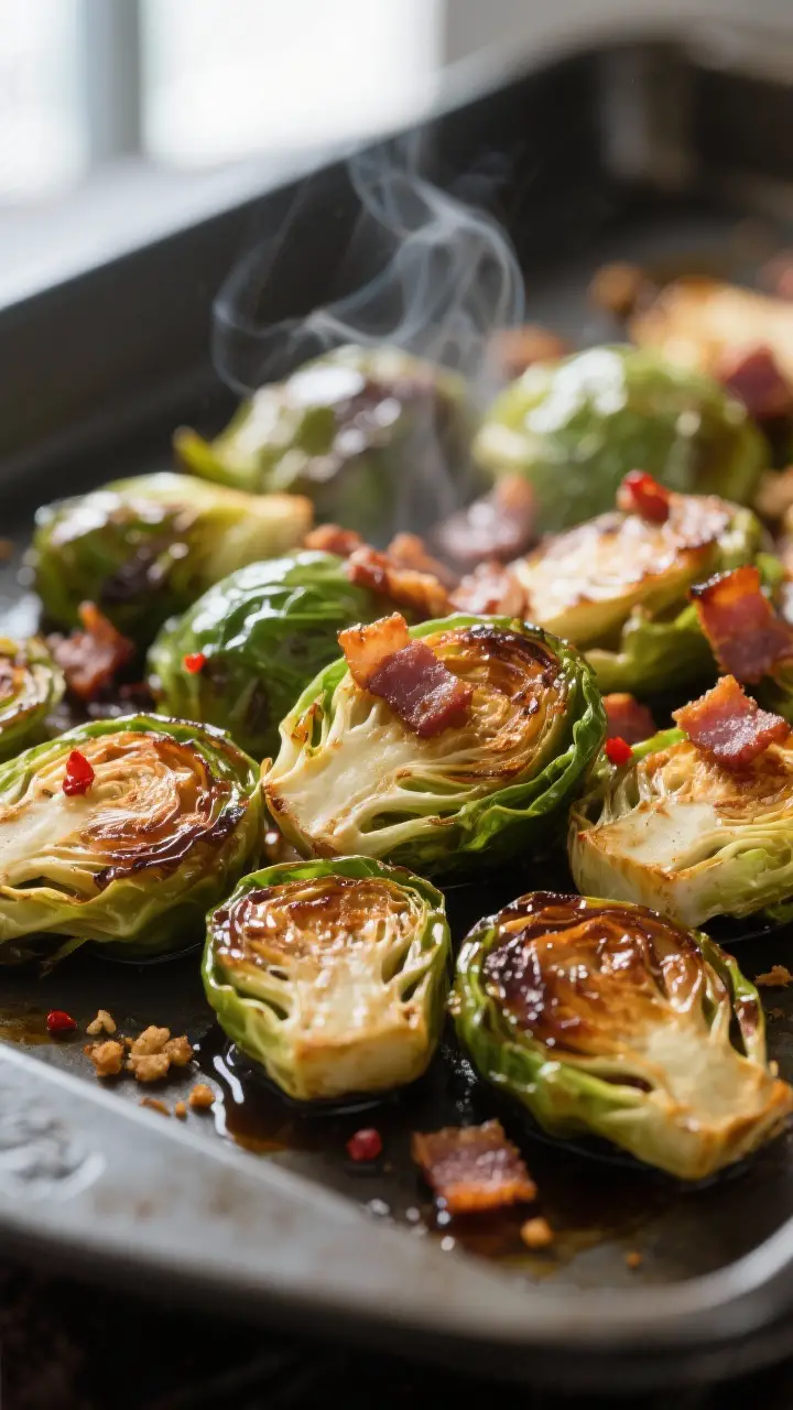 Close-up detail: Caramelized Brussels sprouts just out of the oven, cut sides deeply browned and cra