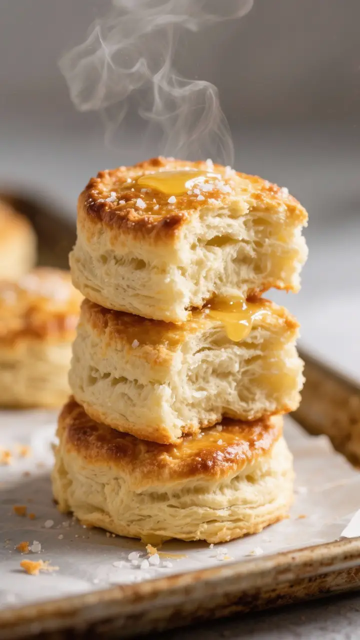 Close-up detail: Freshly baked buttermilk biscuits just out of the oven, stacked slightly and pulled