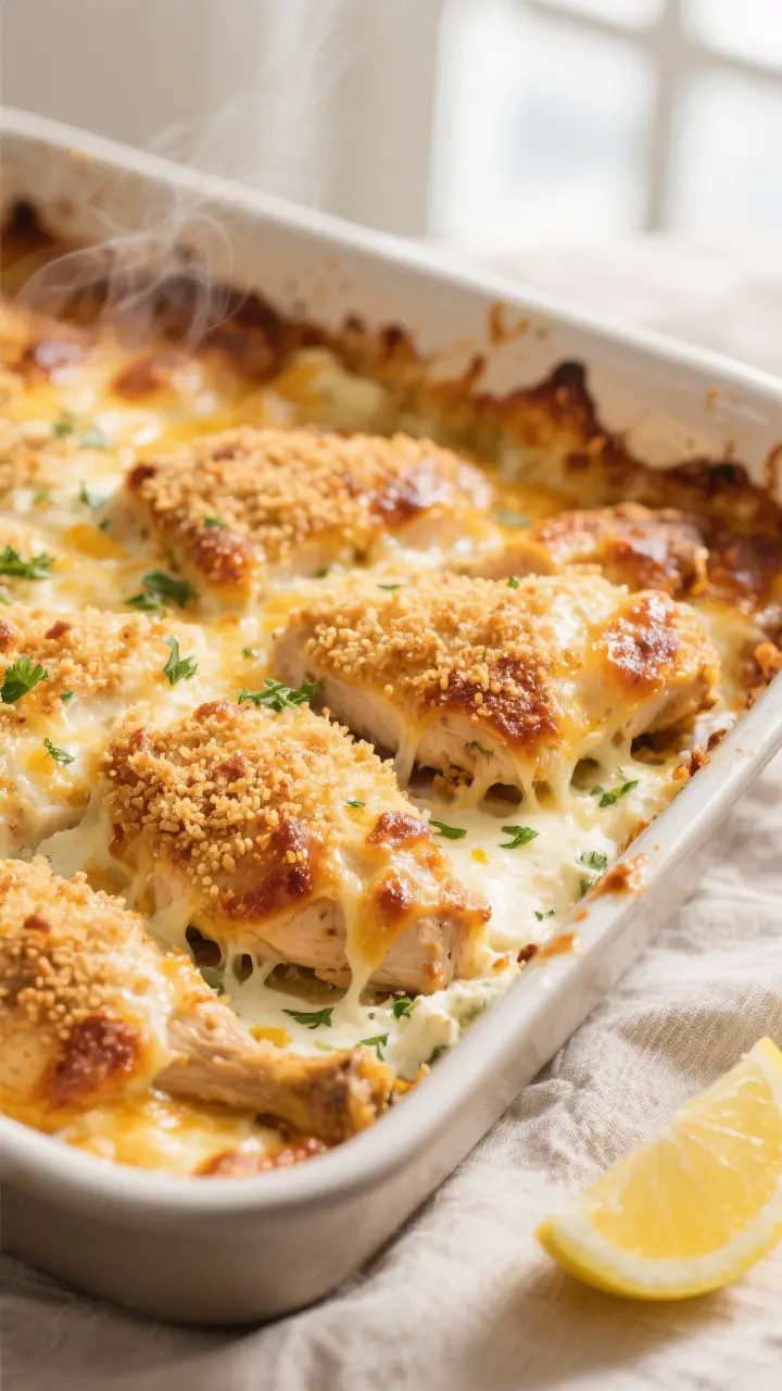 Close-up detail: Golden, bubbling “million dollar” chicken bake just out of the oven, showing a