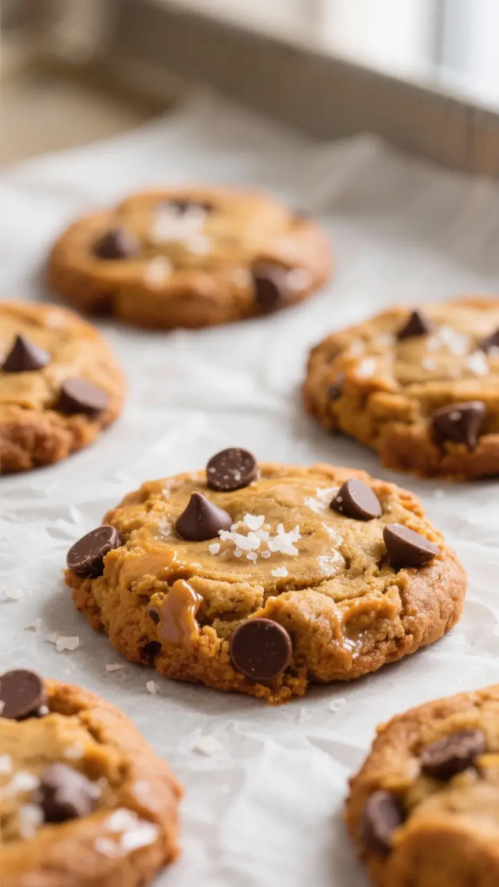 Close-up detail: Just-baked pumpkin chocolate chip cookies on a parchment-lined sheet, edges lightly