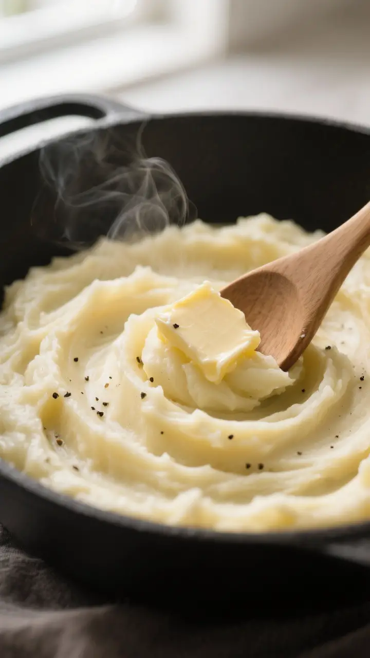 Close-up detail of ultra-creamy mashed potatoes just after the “butter first” step: silky ribbon