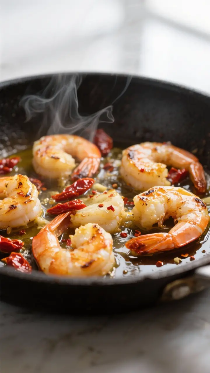 Close-up detail: Searing “Marry Me” shrimp in a skillet, golden edges and light charring visible