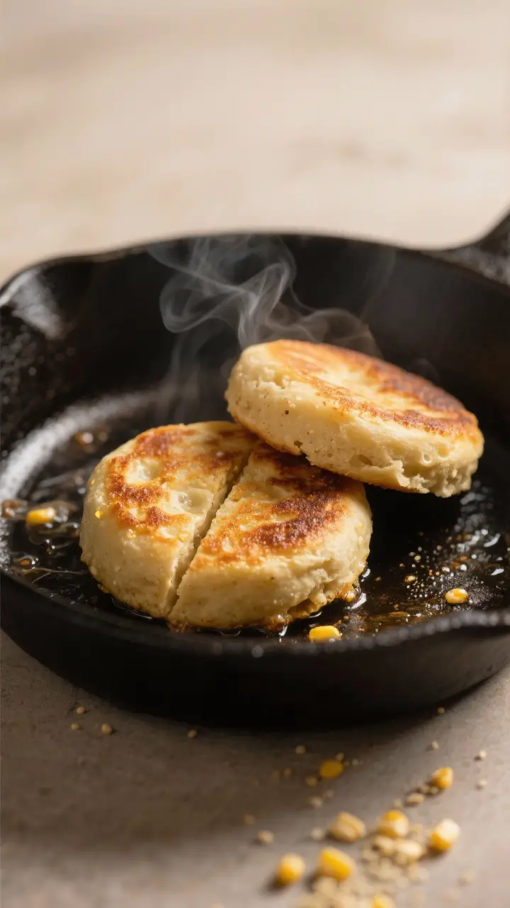 Close-up detail shot: A griddle-kissed sourdough discard English muffin mid-cook, both cut sides dow