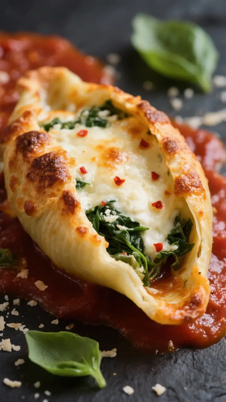 Close-up detail shot: A just-baked stuffed shell split slightly open to reveal creamy ricotta-mozzar