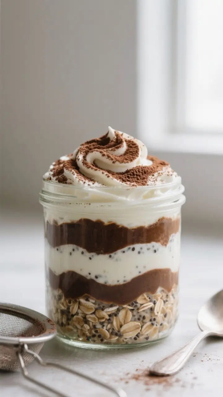 Close-up detail shot: A layered jar of tiramisu overnight oats mid-prep, showing the “layer like y