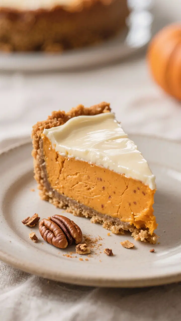Close-up detail shot: A slice of pumpkin cheesecake with a glossy sour cream topping just set, showi