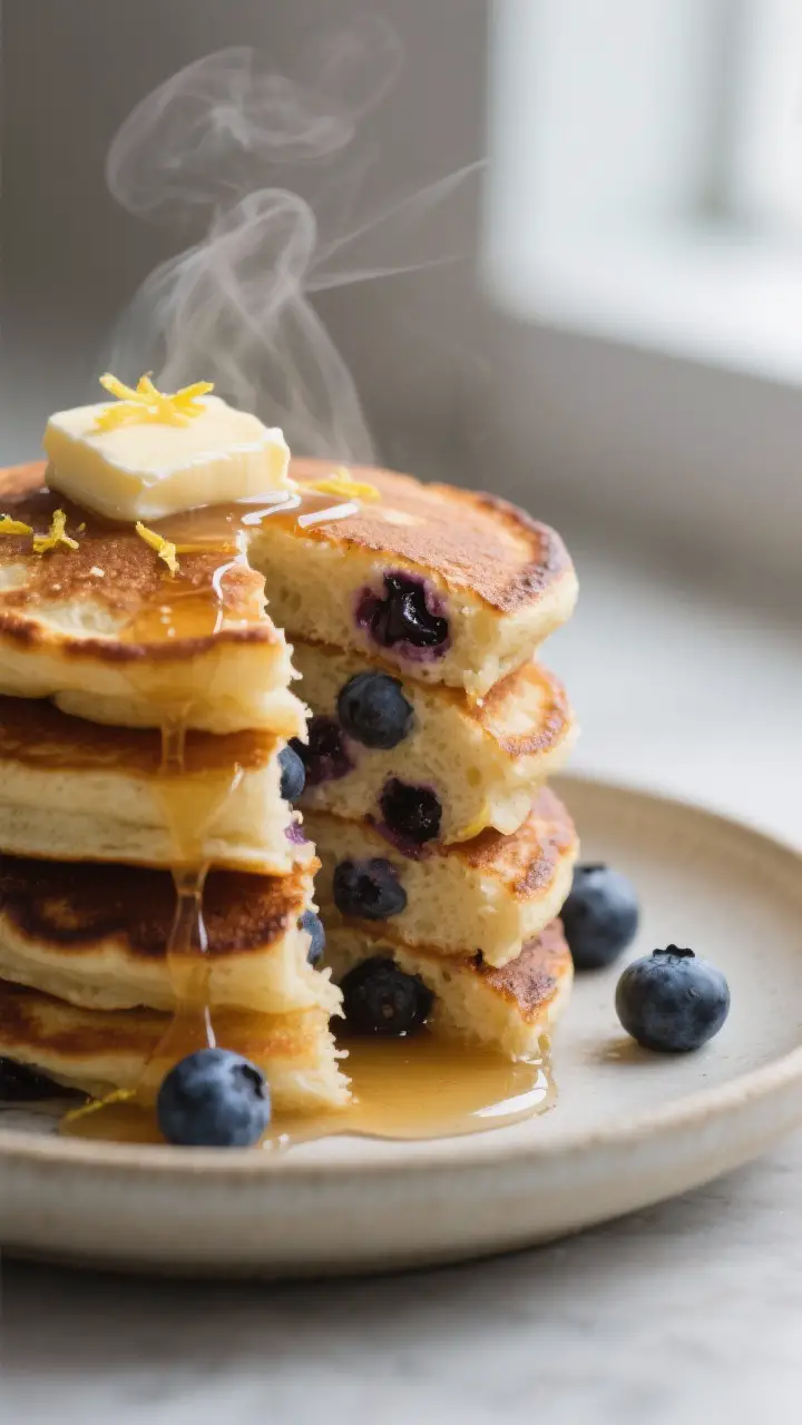 Close-up detail shot: A stack of cooked blueberry pancakes just off the griddle, showing a torn edge